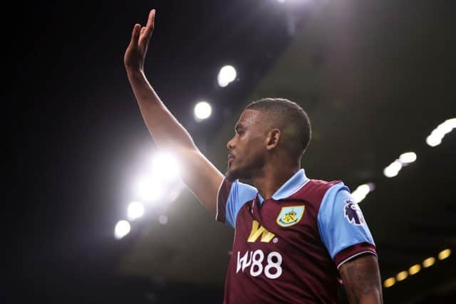BURNLEY, ENGLAND - AUGUST 11: Lyle Foster of Burnley gestures during the Premier League match between Burnley FC and Manchester City at Turf Moor on August 11, 2023 in Burnley, England. (Photo by Nathan Stirk/Getty Images)