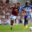BURNLEY, ENGLAND - APRIL 13: Lyle Foster of Burnley battles for possession with Carlos Baleba of Brighton & Hove Albion during the Premier League match between Burnley FC and Brighton & Hove Albion at Turf Moor on April 13, 2024 in Burnley, England. (Photo by Lewis Storey/Getty Images)