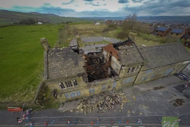 An overhead view of the Bull and Butcher after the blaze in April