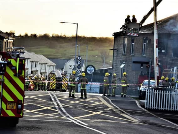 Crews attend the fire at the Railway Hotel. Photo: David Belshaw.