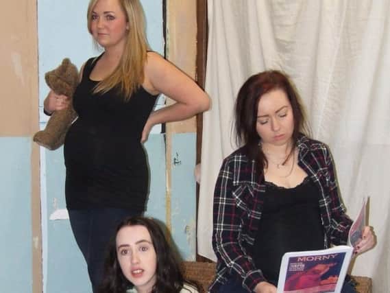 Actresses Emily Williamson, Brogan Riley and Cathryn Osborne rehearsing for Be My Baby, to be staged by Colne Dramatic Society next month. (s)