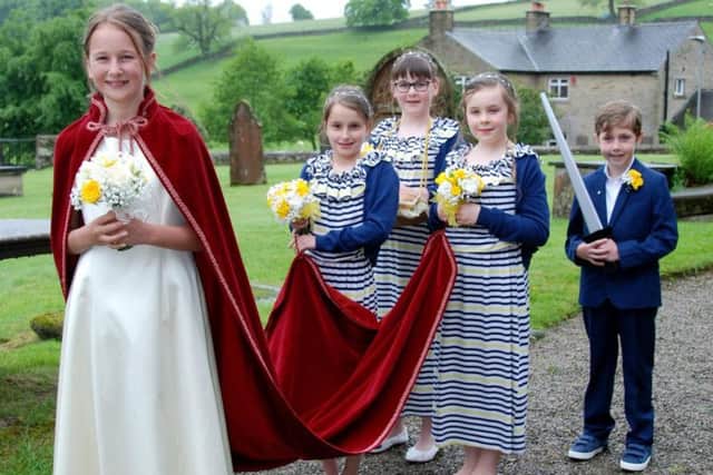 Slaidburn's new May Queen and her retinue, from left to right, Charlotte Whitaker (May Queen), Ruby Henry, Helena Beattie, Eve Game and Joab Cefai.