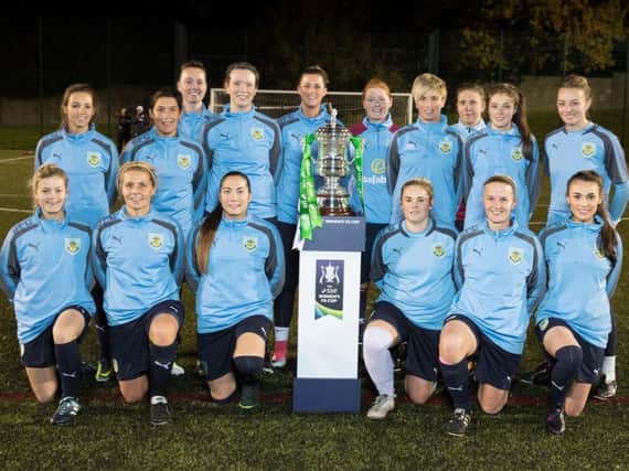 Burnley Ladies line up with the FA Cup