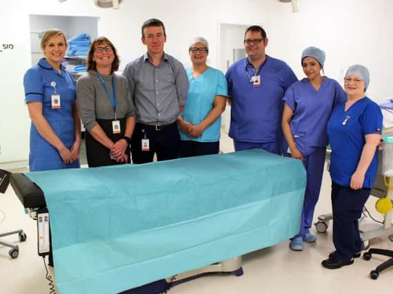 Baby Friendly Midwife Danika Pendlebury, Consultant Obstetrician and Gynaecologist Mrs Liz Martindale, Consultant Anaesthetist Dr Michael Pollard, Theatre Nurse Sharon Stone, Dr Adam Brook ST3 and Junior Theatre Sister Charlotte Pells