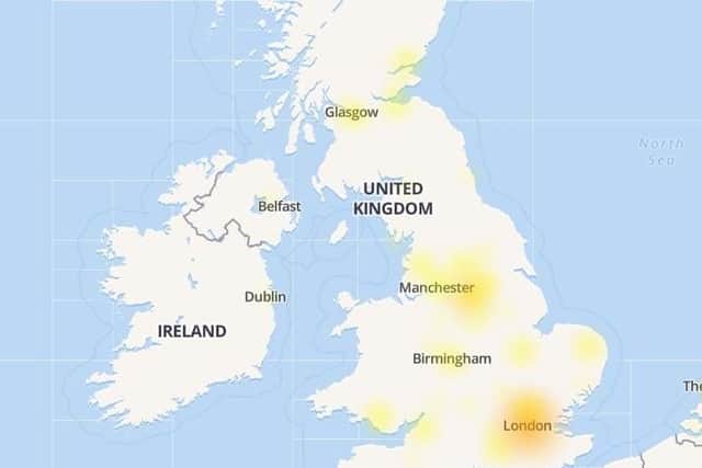 Facebook outage map of the UK.