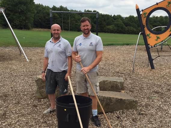 Stephen Whittaker and Martin Simpson have been thanked for swooping into action to clean a park up after vandals dumped old doors, windows and glass on children's play equipment.