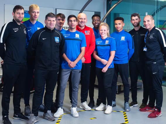Mike Phelan (centre) with students and staff at Burnley College