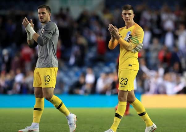 England's Jack Butland (left) and England's Nick Pope applaud the fans after the final whistle during the International Friendly match at Elland Road, Leeds. PRESS ASSOCIATION Photo. Picture date: Thursday June 7, 2018. See PA story SOCCER England. Photo credit should read: Mike Egerton/PA Wire. RESTRICTIONS: Use subject to FA restrictions. Editorial use only. Commercial use only with prior written consent of the FA. No editing except cropping