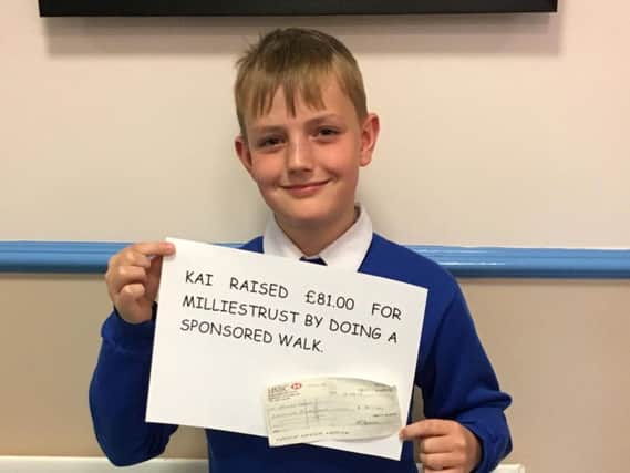 Kai Crawford did a sponsored walk to raise 81 towards funding first aid training by Millie's Trust.