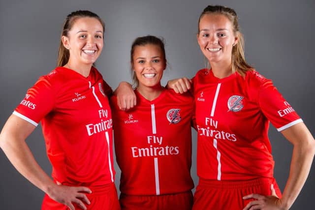 Picture by Allan McKenzie/SWpix.com - 08/06/2018 - Commercial - Cricket - Lancashire CCC T20 Media Day, Old Trafford Cricket Ground, Manchester, England - Kate Cross, Alex Harltey & Evelyn Jones.