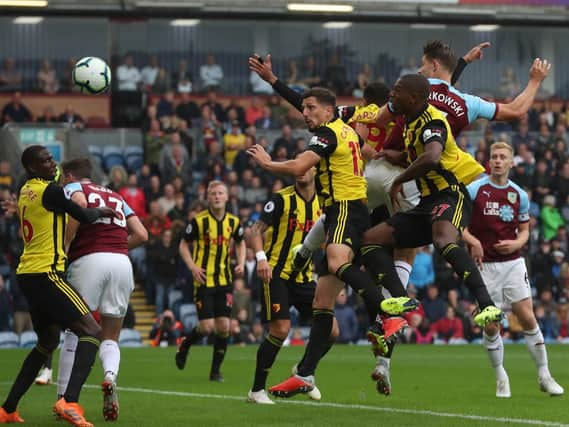 James Tarkowski scores his first goal for the Clarets in the defeat against Watford at Turf Moor.