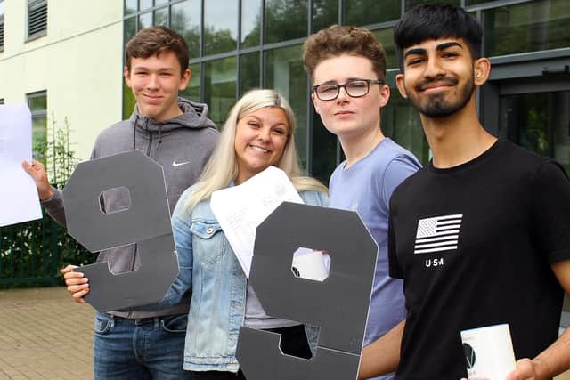 The smiles say it all for GCSE students Matthew Marr, Alice Watson, James Llewellyn-Evans and Daud Irfan.