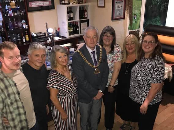 The Mayor and Mayoress of Burnley Coun. Charlie Briggs and Mrs Patricia Lunt (centre) with( from left to right) guest Paul Stinton, Tony Seminara, owner of Mamma Mia, charity committee member Carol Stinton, Sylvia Seminara, owner of Mamma Mia and event organiser Julie Redfern.