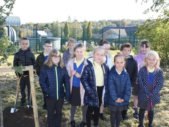 Children from Cherry Fold Primary School, Burnley, who helped plant the first tree; Mabel Smith is fourth from the right.