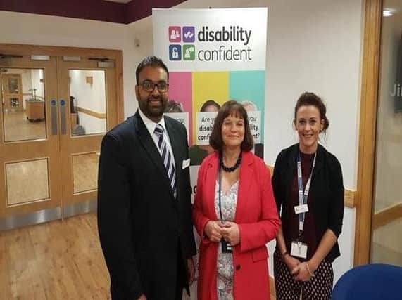 Julie Cooper MP with employer advisers from Burnley Jobcentre Mohammed Zafran and Leigha Edmundson