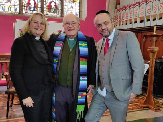 Leaders of the joint service included (left to right) the Rev. Shannon Ledbetter, the Rev. Jim Corrigall and Rabbi Ariel Abel