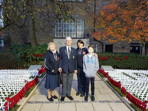 Jenny Guest with Luke and her parents, Ken and Barbara Neild, at their final monument in Burnley's Peace Garden.