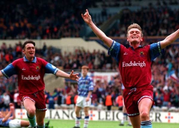 Gary Parkinson celebrates his play-off winner at Wembley in 1994 with David Eyres.
