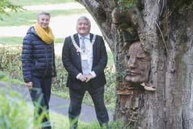 Ribble Valley Mayor Stuart Carefoot and the councils arts development officer, Katherine Rodgers, admiring one of the trail's sculptures. Photos by Martin Cowey.