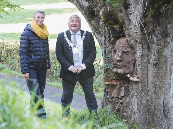 Ribble Valley Mayor Stuart Carefoot and the councils arts development officer, Katherine Rodgers, admiring one of the trail's sculptures. Photos by Martin Cowey.