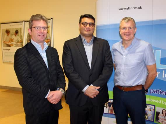 Consultant urological surgeon Mr Iain Campbell with consultant colorectal surgeons Mr Adnan Sheikh and Mr Colin Harris