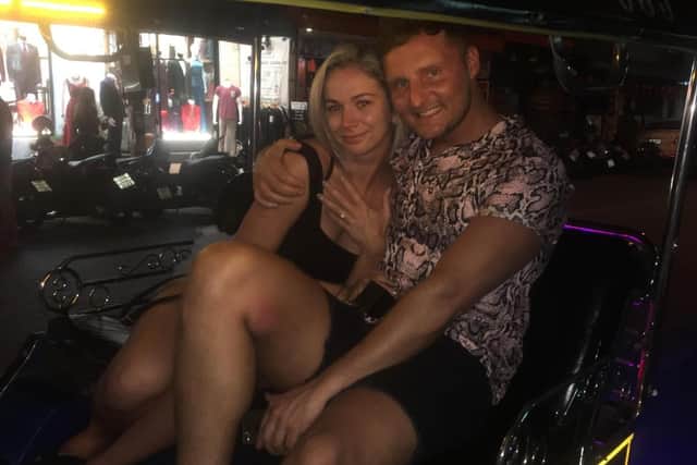She said yes! Chloe and Nick after his romantic proposal on a tuk tuk in Thailand