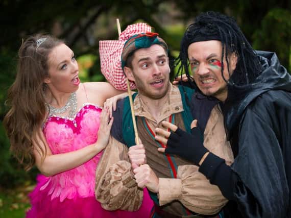 Laura DArcy as Fairy Bowbells; Tim Roberts as Dick Whittington; and EastEnders Mark Homer as King Rat. Photo by Jon Keeling for PMA Productions Ltd(s)