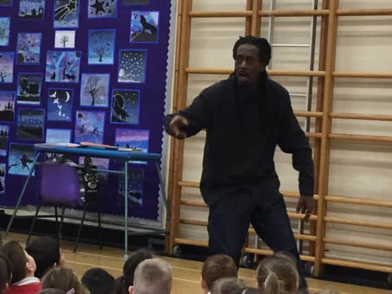 Poet Rappaman in action at Earby Springfield Primary School.