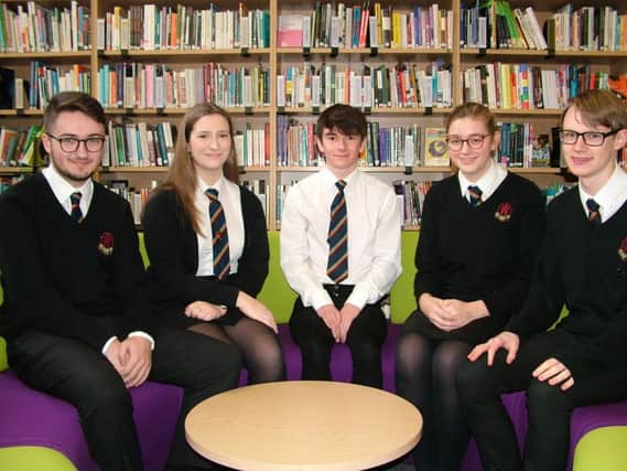 The group of students in the Smithies library at CRGS Sixth Form.