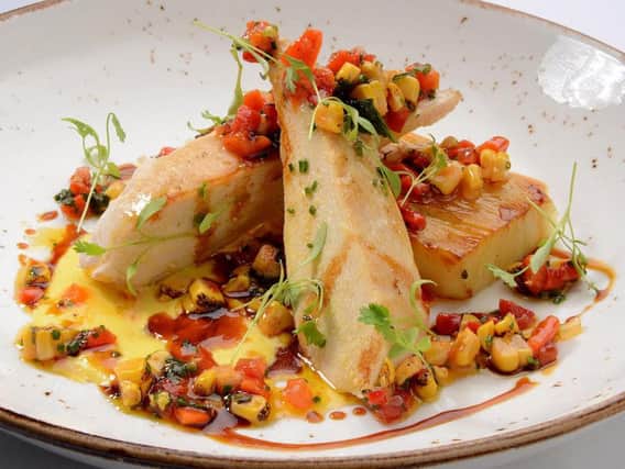 Poached and roasted chicken breast, sweetcorn pure, potato terrine, charred corn and roasted pepper salsa.