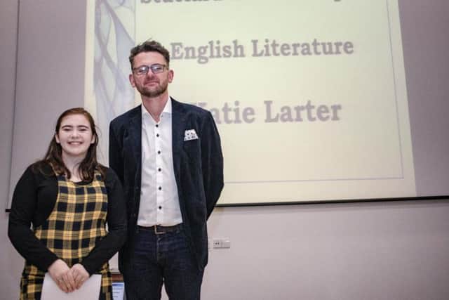 Speaker Andrew Henderson with Katie Larter, who received the Stuttard Scholarship for English Literature.