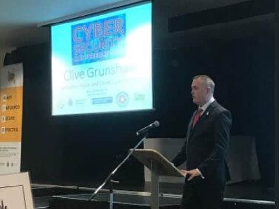 Lancashire's Police and Crime Commissioner Clive Grunshaw speaking at the cyber crime event.