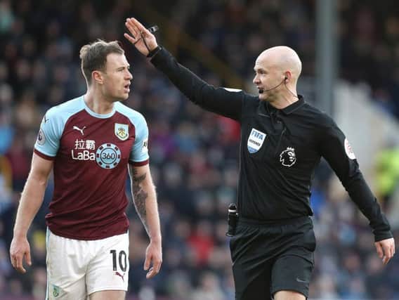 Ashley Barnes remonstrates with referee Anthony Taylor during the game against Southampton at Turf Moor