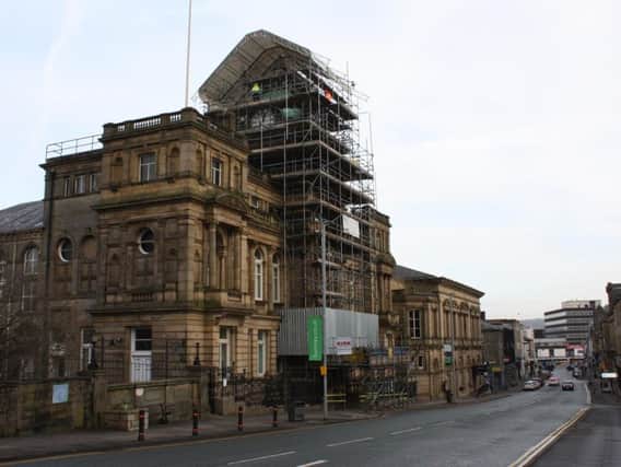 Scaffolding has been erected to the front of Burnley Town Hall
