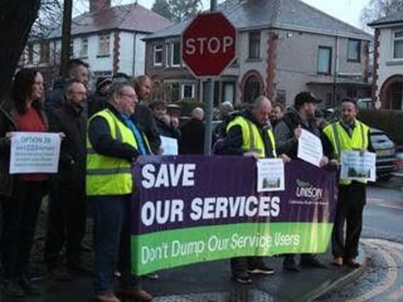 Unison members protesting against the NHS closure of the former Calderstones hospital, now Mersey Care Whalley, in 2015.
