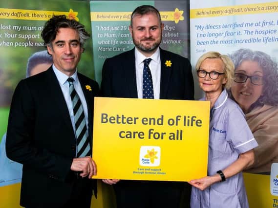 Actor Stephen Mangan, Pendle MP Andrew Stephenson and Marie Curie healthcare assistant Patricia McDonnell