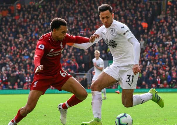 Burnley's Dwight McNeil battles with Liverpool's Trent Alexander-ArnoldPhotographer Alex Dodd/CameraSportThe Premier League - Liverpool v Burnley - Sunday 10th March 2019 - Anfield - LiverpoolWorld Copyright © 2019 CameraSport. All rights reserved. 43 Linden Ave. Countesthorpe. Leicester. England. LE8 5PG - Tel: +44 (0) 116 277 4147 - admin@camerasport.com - www.camerasport.com