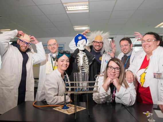 Teachers at Blessed Trinity RC College in Burnley dress for British Science Week.