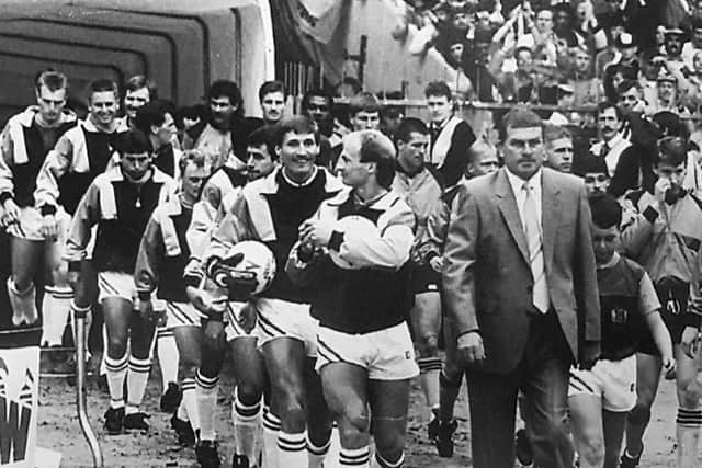 Brian Miller leads out Burnley at Wembley Stadium for the 1988 Sherpa Van Trophy final against Wolves