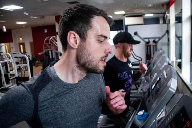 Dan Black and Sam Larkin opened their workout with treadmill sprints at Intershape Fitness in Colne