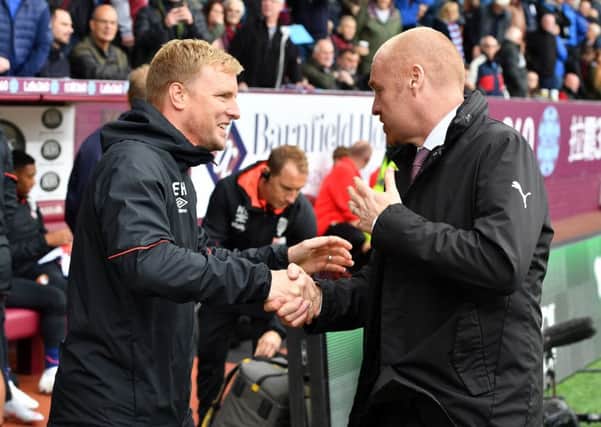 Bournemouth manager Eddie Howe (left) and Burnley manager Sean Dyche shake hands before the Premier League match at Turf Moor, Burnley. PRESS ASSOCIATION Photo. Picture date: Saturday September 22, 2018. See PA story SOCCER Burnley. Photo credit should read: Anthony Devlin/PA Wire. RESTRICTIONS: EDITORIAL USE ONLY No use with unauthorised audio, video, data, fixture lists, club/league logos or "live" services. Online in-match use limited to 120 images, no video emulation. No use in betting, games or single club/league/player publications.