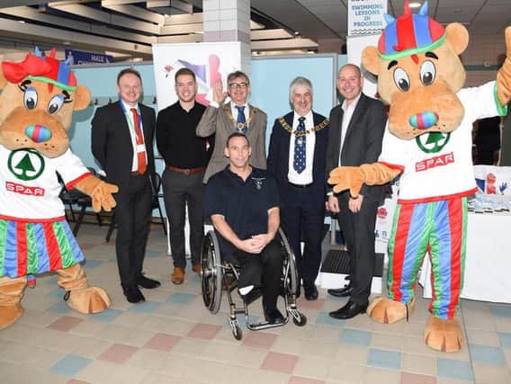 Sparkle (SPAR Mascot), Adrian Leather (Active Lancashire), Tom Murphy (SPAR), Andrew Kay (Mayor of Lancaster), Shaun Gash, Trevor Hart (Mayor of Preston), Peter Dodding (SPAR), and Spartan (SPAR Mascot).
