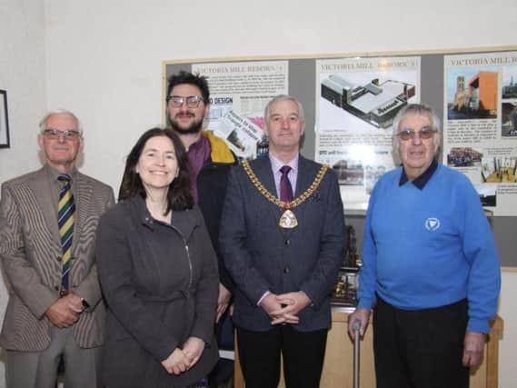 Neil Fawcett (Burnley Civic Trust), Clair Lowe (UCLan), Jack Southern (UCLan), Cllr. Charlie Briggs (Mayor), Brian Hall (Weavers' Triangle Trust) at the Weavers' Triangle launch event. Photo: Geoff Ashworth.