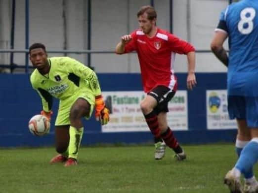 Padiham FC goalkeeper,TonyAghayere. (Credit: Andrew Sutcliffe)