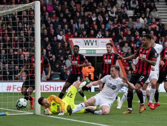 Ashley Barnes tries to force the ball in at Bournemouth on Saturday