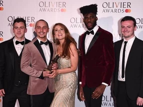 Burnley-born playwright Elliot Warren (second left) accepting his Olivier Award with the cast of Flesh and Bone. (s)