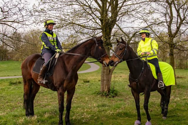 Shirley Pawson and Laura Watson, a Rural Mounted Police Volunteer, on the Pass Wide and Slow campaign ride hosted by Pendle and District Bridleway Group. (s)