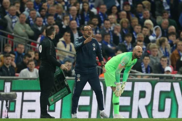 Chelsea manager Maurizio Sarri attempts to substitute Kepa Arrizabalaga but the goalkeeper refused to go off