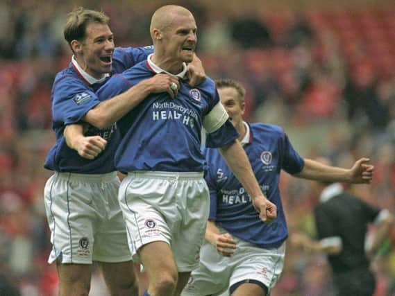 Sean Dyche celebrates scoring from the spot in the 1997 FA Cup semifinal