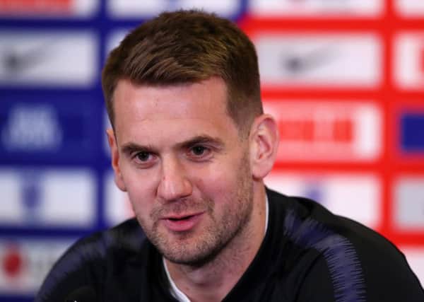BURTON-UPON-TRENT, ENGLAND - MARCH 19:   Tom Heaton of England speaks to the media during an England press conference during an England Media Access day at St Georges Park on March 19, 2019 in Burton-upon-Trent, England. (Photo by Matthew Lewis/Getty Images)